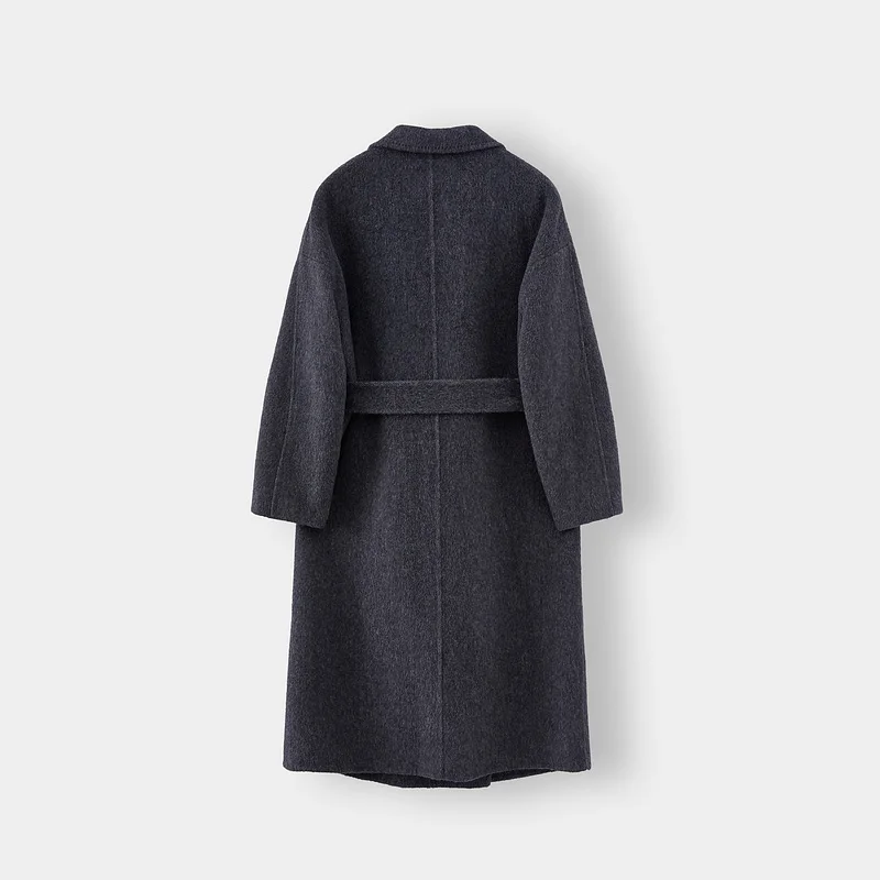 Custom Women Autumn Winter Wool Maxi Coat with Belt Lapel Solid Color Loose Cardigan Ladies Elegant Long Coat