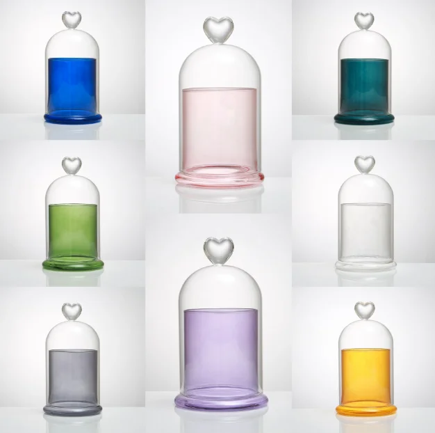 High Quality Handmade Clear Cloche Glass Dome Candle Jars Printed Colored Glass Base Candle Bell Dome Jar with Heart Bird Handle