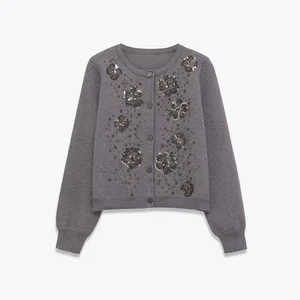 Cross-border European and American Women Autumn Vintage Beaded Knitted Flower Sling Lace Long Sleeve Cardigan Jacket