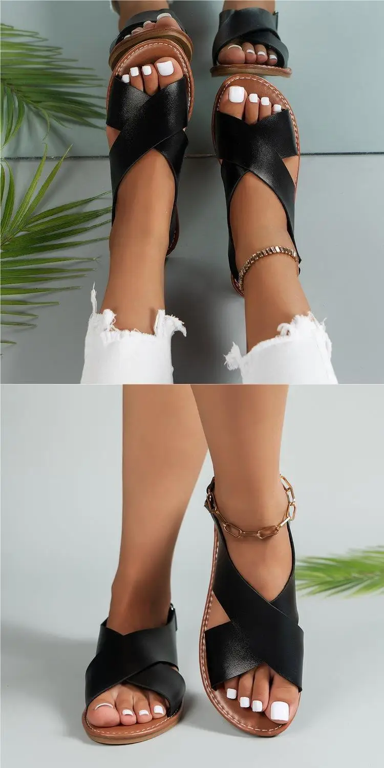 2024 summer plus-size cross with flat women retro solid color open toe beach slippers woman