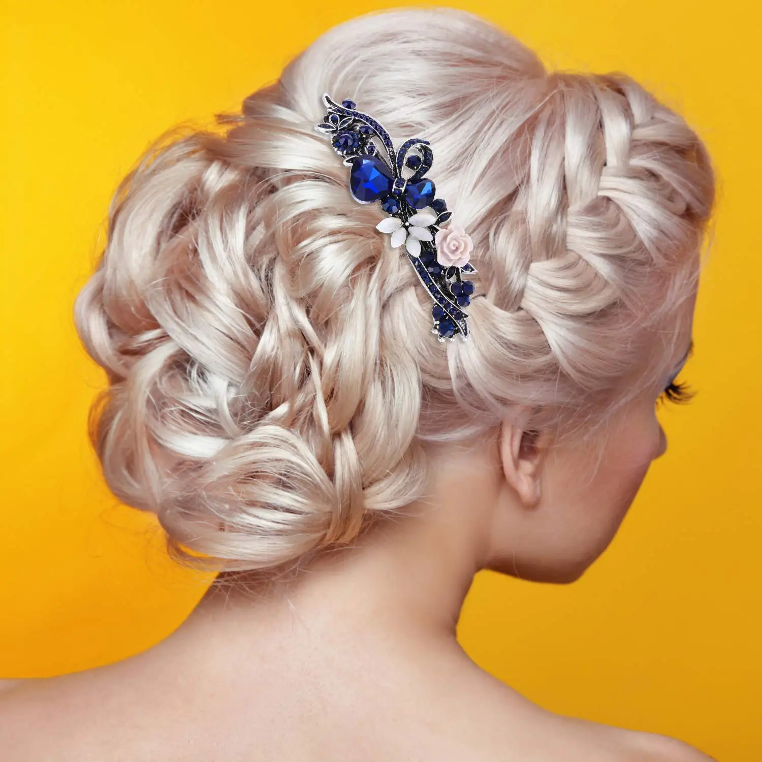TseenYi Barretta Per Capelli Con Cristallo Blu E Fiore Farfalla – Fermaglio Francese In Oro, Accessorio Da Sposa E Donna - 2