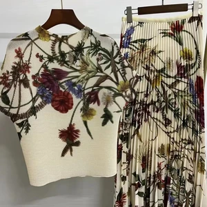 Miyake Women's High Quality Casual Stretch Fabric Two-Piece Set A-Line Skirt Pleated Printed Long Top Floral Matching Design