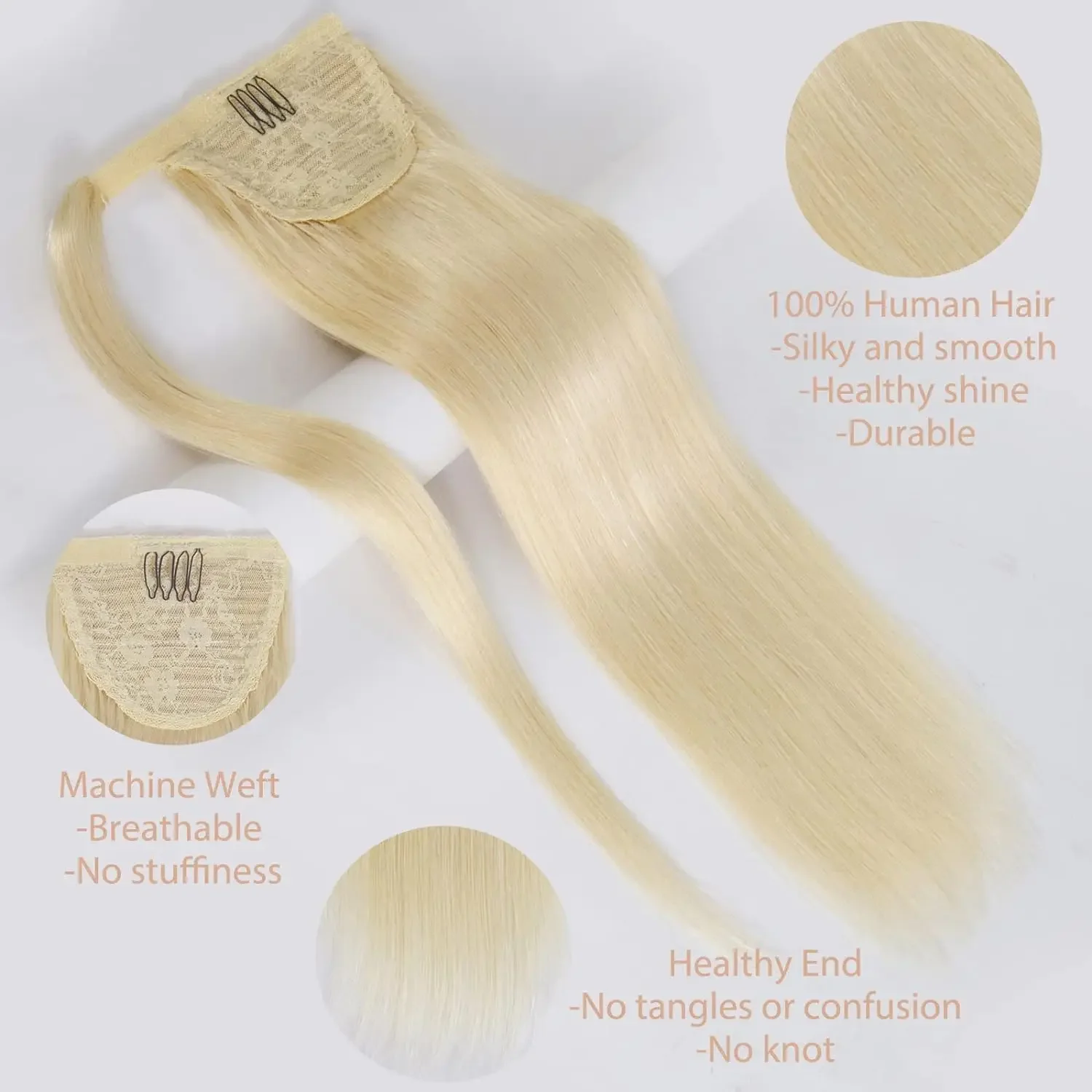 Extension per capelli a coda di cavallo 100% veri capelli umani lisci naturali pezzi unici biondo decolorato_voghion.com