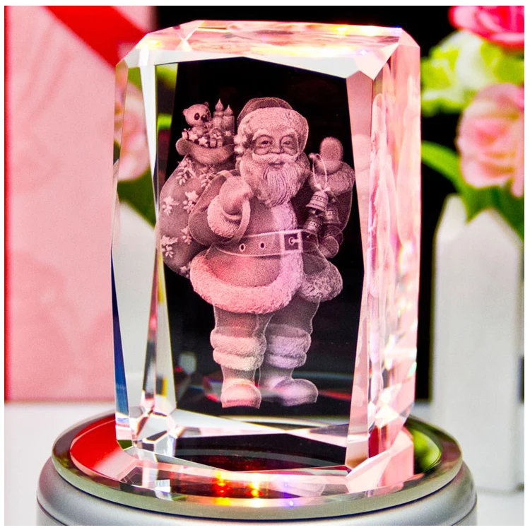 3D laser crystal santa claus with led light base crystal gifts for christmas