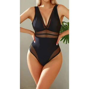 Manufacturer Custom Wholesale Solid Mesh Sexy One Piece Bikini Beachwear V Neck Swimsuit Women High Cut Tummy Control Swimwear