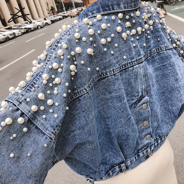 Women s beaded pearl casual beaded short loose pearl denim jacket women jeans loose cropped autumn and winter denim jacket coat