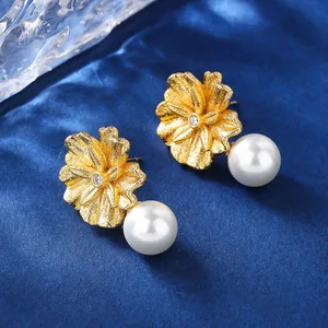 Wholesale Stylish Yellow Gold Zircon Pearl Drop Earrings for Women Perfect Gift for Fashionable Women to Wear