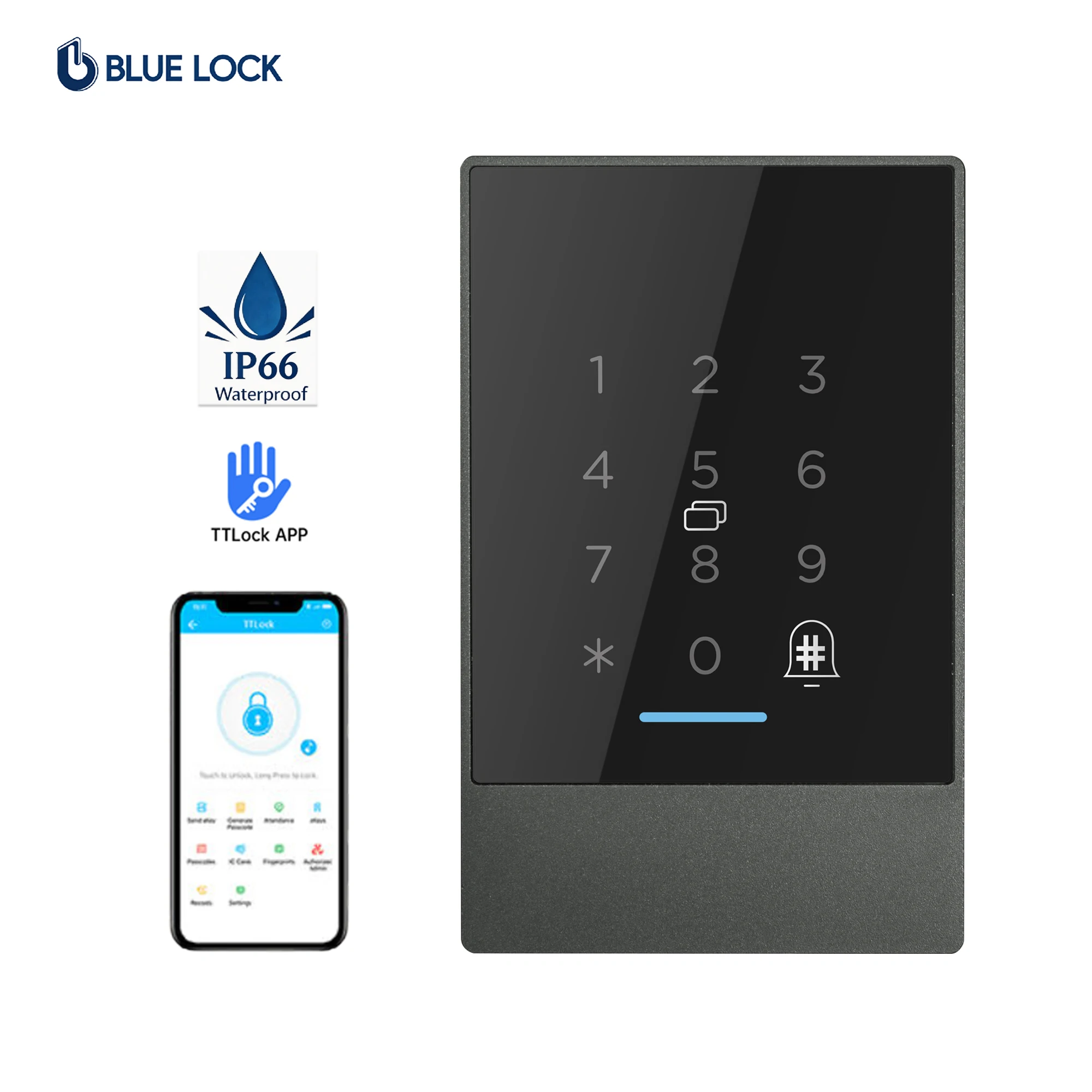 Bluelock IP66 Waterproof TTLOCK App Remote Control Biometric Fingerprint Rfid Password Unlock Door Access Control System