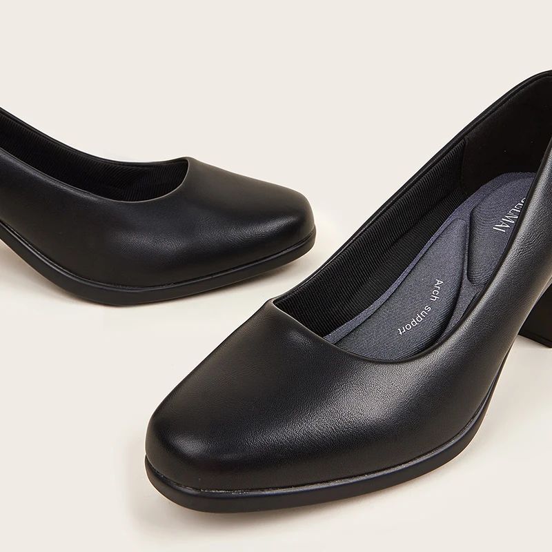 2022 Black Square Toe Women Shoes Office Pu Leather Block Heel