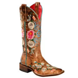 Women`s Handmade Embroidery Rose Garden Cowgirl Boots Square Toe