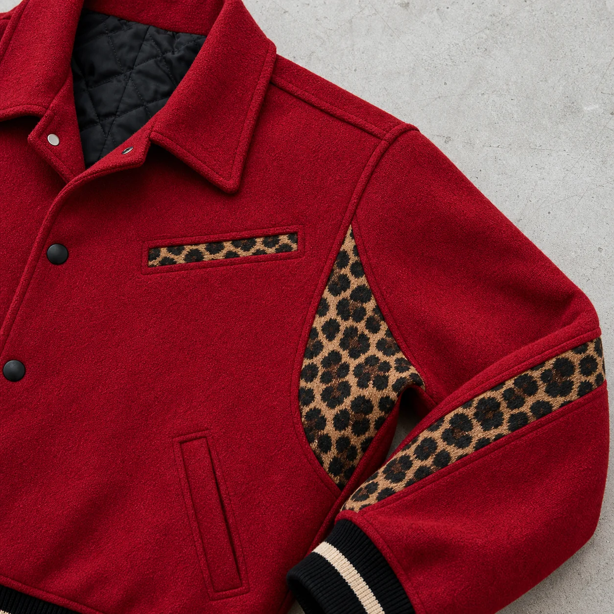 Wholesale Custom Logo Red Wool Blend Leopard Trim Snap Button Striped Rib Streetwear Casual Winter Bulk Men Varsity Jacket gallery 3