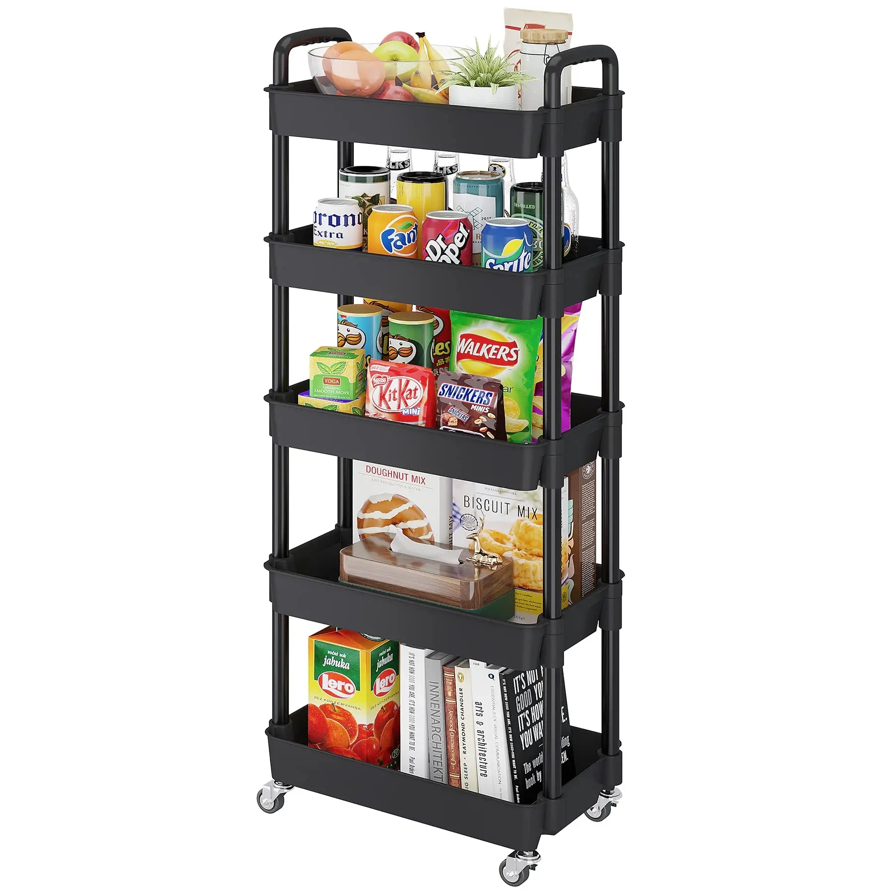 5-tier Utility Rolling Plastic Storage Cart Trolley With Lockable ...