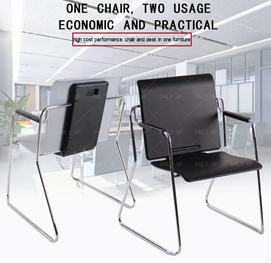 Stacking Convertible Desk And Chair Sled Metal Frame Plastic Office Chair For Training And Meeting Conference Multiple Use