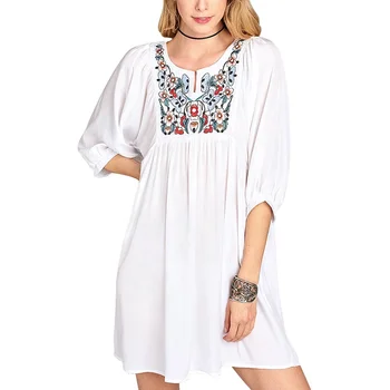 OEM 3/4 Sleeve White Blouses Midi Elegant Women Dress Cotton Floral Embroidery Tunic Blouses
