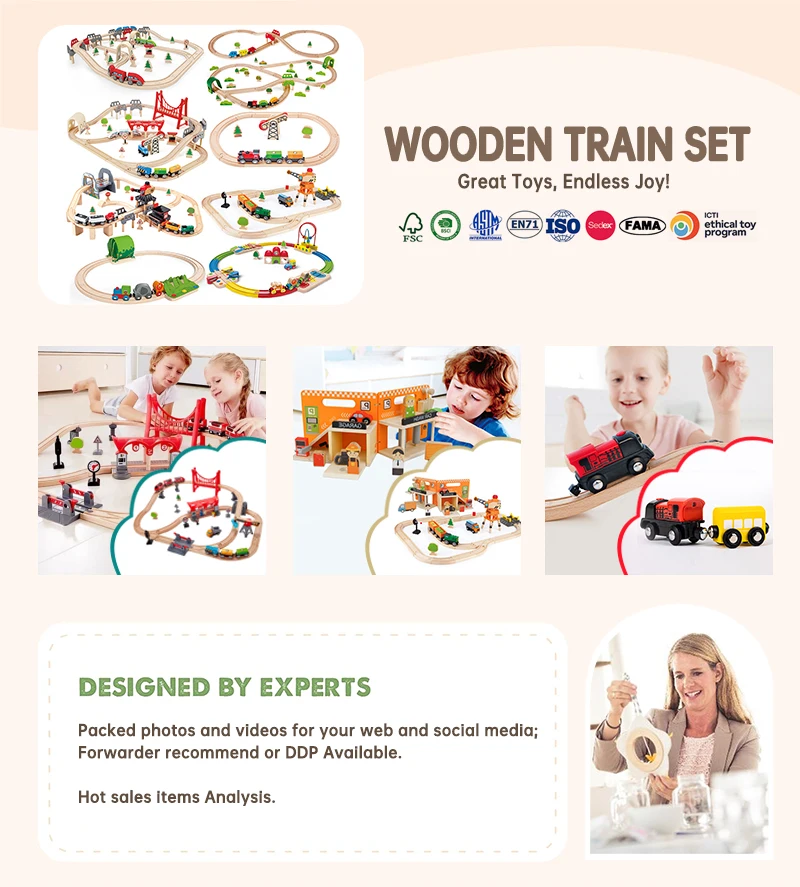 Montessori Track Toy Train Set Classic Wooden Kid Baby Toys Train Track