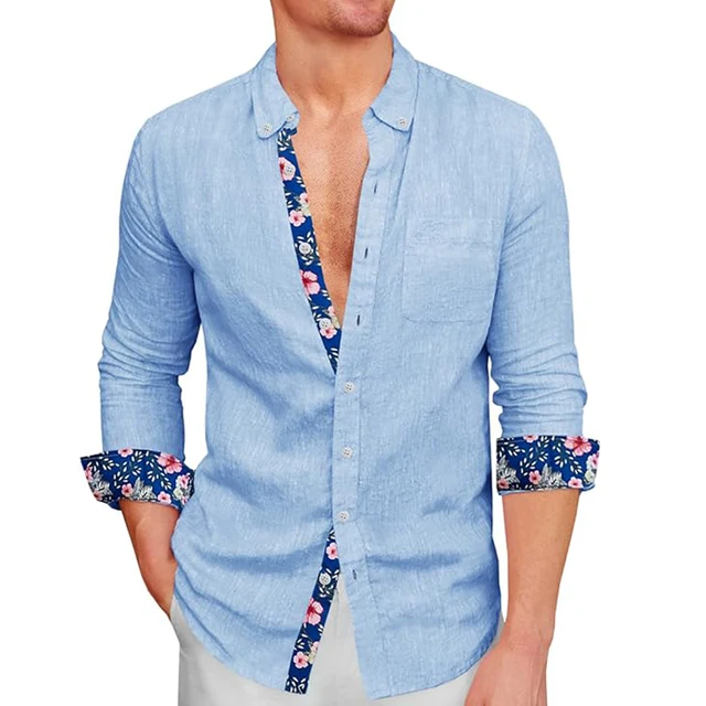 Men's Linen button down shirts long sleeve beach floral print summer casual with chest pocket