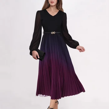 Ladies' Gradient Fashion Dress with Belt Stylish Apparel