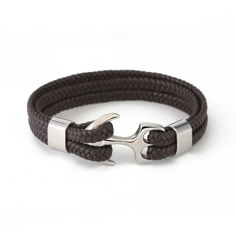 Men's Braided Leather & Stainless Steel Cuban Chain Bangle - Black