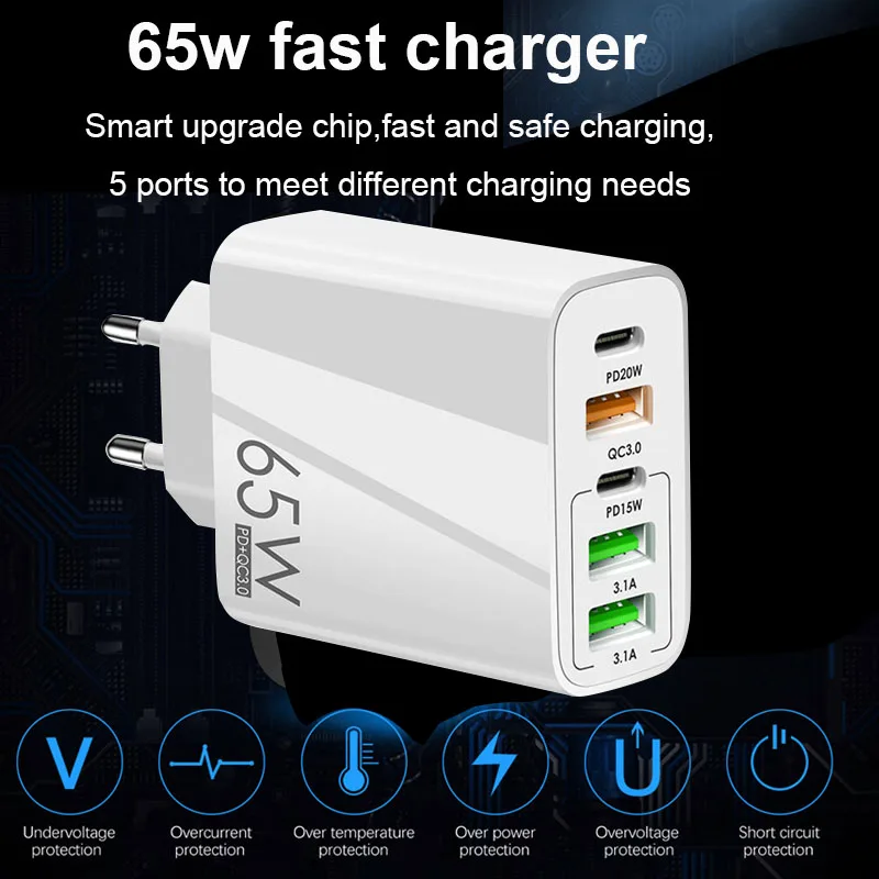 Wholesale US/EU/UK 65W Fast Charger PD20W+QC3.0 USB quick wall charger 5Port Type C usb A fast Charger for iPhone/Huawei/Sumsang