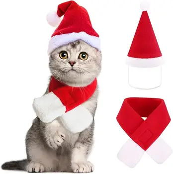 Cat Christmas Costume Christmas Pet Santa Hat with Scarf Outfit for Puppy Kitten Christmas Party Costume Supplies