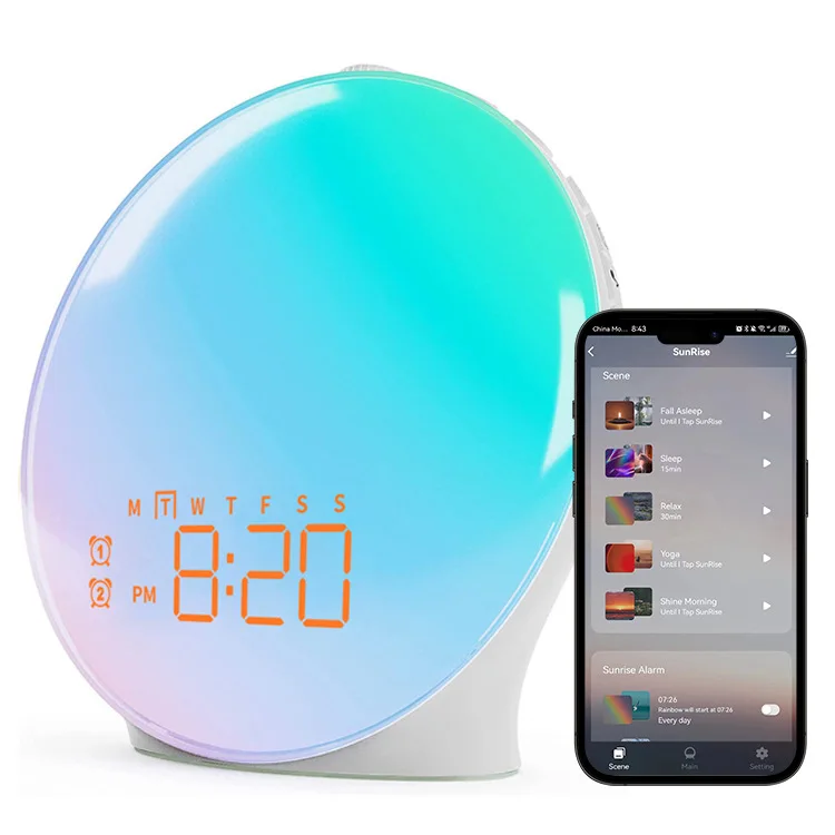 Bluetooth Smart Table Lamp Sunrise Alarm Clock Heavy Sleepers Bedroom Sleep Night Light Daylight RGB Sunrise Wake up Lamps