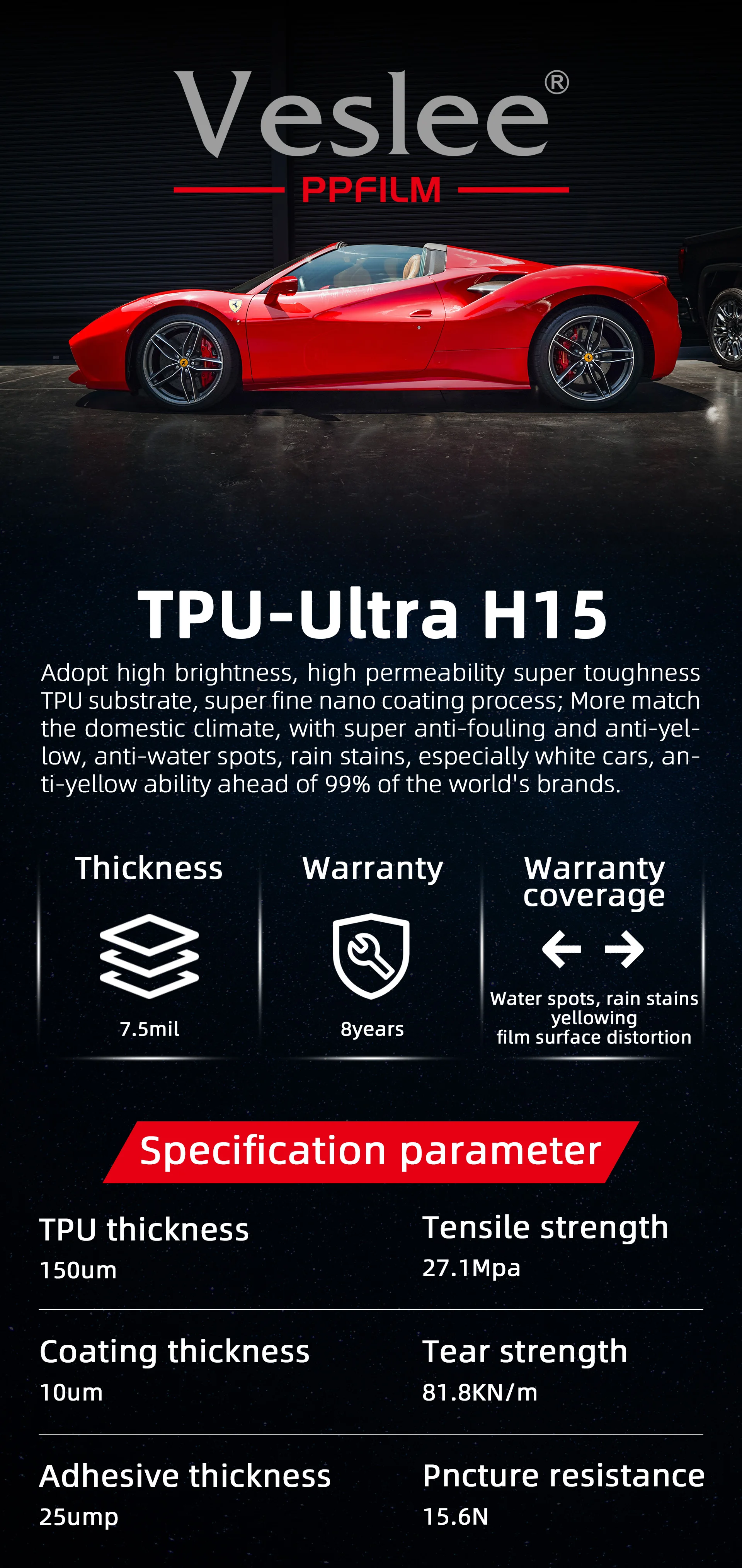 Veslee 7.5mil Super Glossy Hydrophobic Car Paint Protection Film with Ashland Glue and Business/Luxury Design