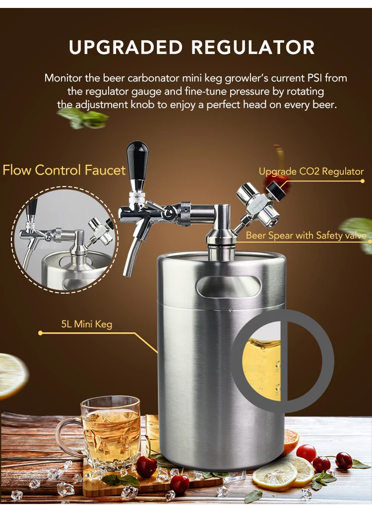 Triple J 5L Stainless Steel Mini Keg Growler - Single Wall Black, Perfect For Home Brew Beer