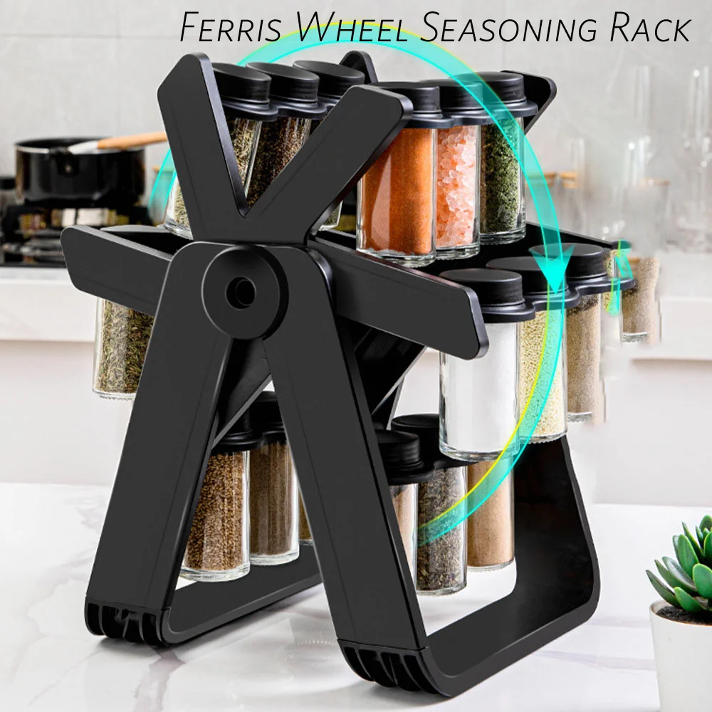 360 Degree Rotating Plastic Spice Rack Storage Holder 18 Glass Seasoning Rack Set Double Standing for Kitchen Tool Organization