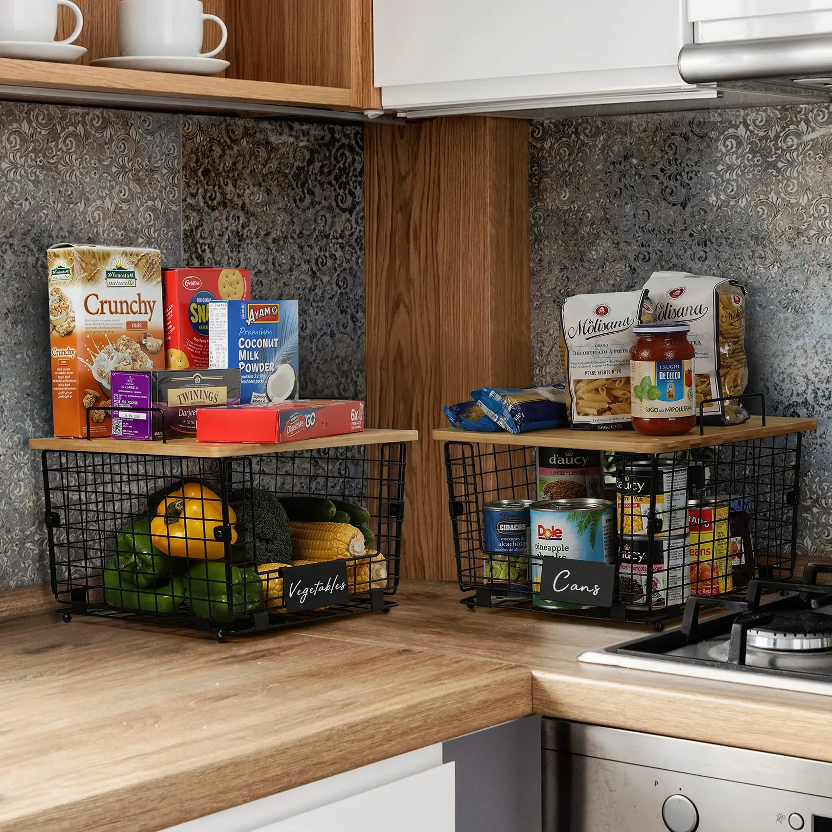 Kitchen Countertop Organizer Foldable Wire Fruit Basket Stackable Folding Storage Baskets With Wood Lid