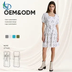 2026 New Women's Summer Garden Picnic White Flower Printed Square Neck Anti Static Natural Waist Dress