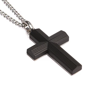 Black Stainless Steel Classic 3D Christian Cross Carbon Fiber Pendant Customized Men Necklace