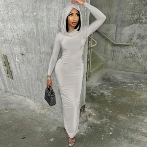 D3512950A Solid Hooded Maxi Dresses Ladies Fall New Slim Dress Full Sleeve Skinny Women Casual Dresses