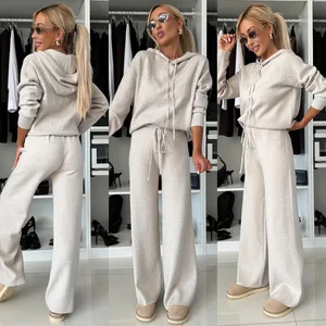 Winter Fashion Long Sleeve Hooded Sweatshirts Top & Drawstring Pants Set Elegant Solid Two Piece Outfits 2024 Women Casual Suit