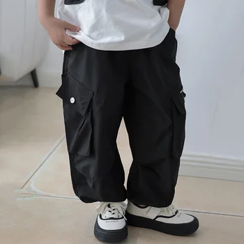2024 Summer boys' pants three-dimensional pocket children's overalls spring and summer thin boy leisure anti mosquito pants