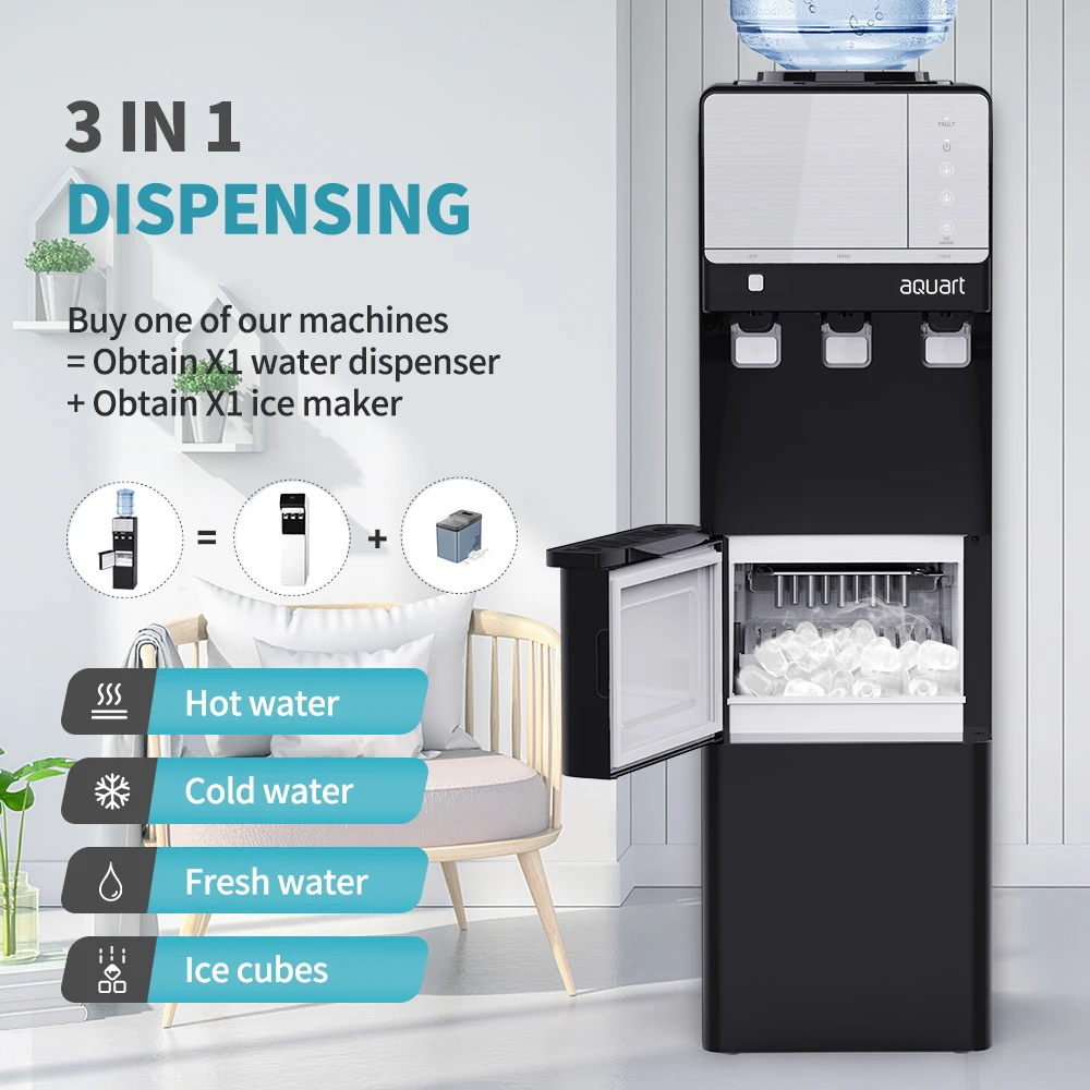 Ice Cube Maker with Water Dispenser 3 Temperature Touching Control Panel 12kg Ice Cube Per Day BYCZ581 2 in 1 Electric Stand