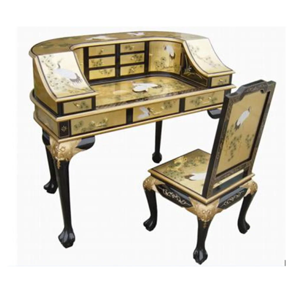 Solid Wood Makeup Table Vanities Set Multiple Drawers Gold Silver Foil Painted Flower Bird Design Includes Bedroom Apartment