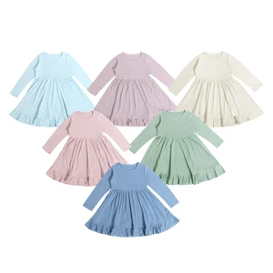 2026 Winter Kids Clothes Crew Neck Ruffle Solid Color Toddler Skirt Bamboo Children Girl Dress