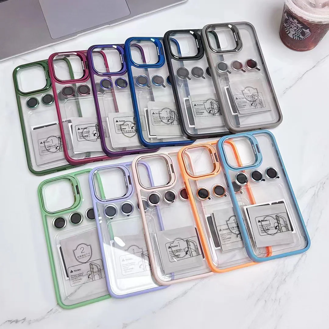 Lens Metal Ring Protector Stand Phone Case for IPhone 16 15 14 Pro 13 12 11 Pro Max Camera Protection Acrylic Shockproof Cover