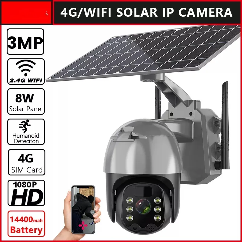 Shenzhen Factory WiFi Wireless Solar Power Camera 4G Sim Card Slot CCTV Security IP Camera Outdoor Support 128 Memory Card