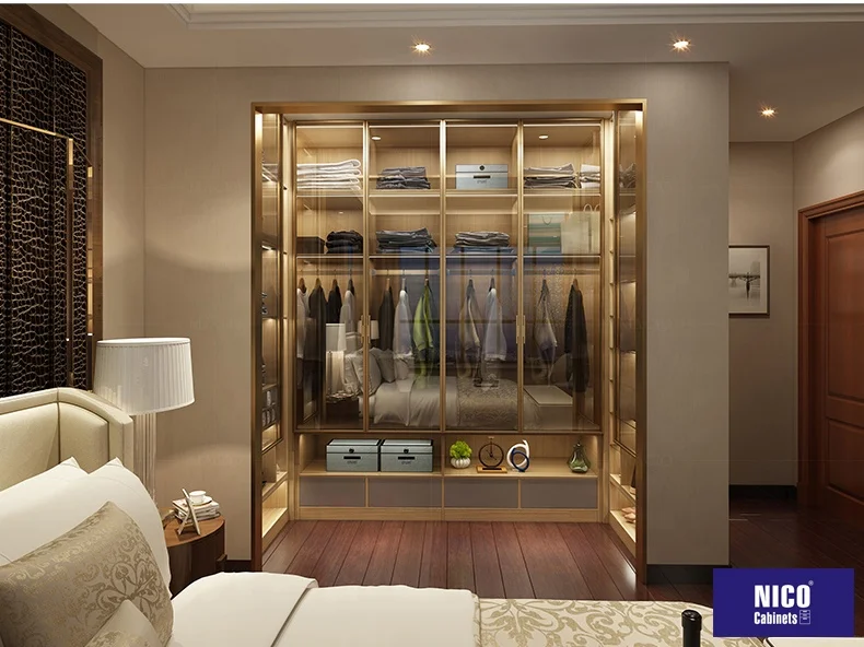 NICOCABINET Высококачественная индивидуальная Роскошная золотая стеклянная дверь современный шкаф мебель для чулана