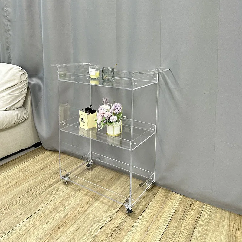 Customized Modern Design Clear Acrylic 2-Shelf Rolling Bar Cart Square Lucite Trolley for Dining Living Room Hotel Kitchen Use