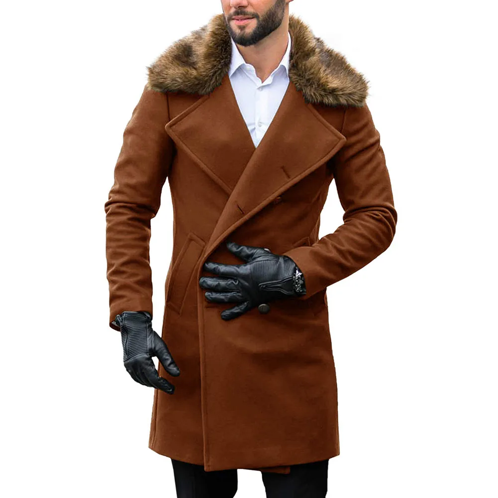 Source Gabardina larga de invierno para hombre, abrigo cuello de piel sintética extraíble, doble botonadura, abrigo de negocios on