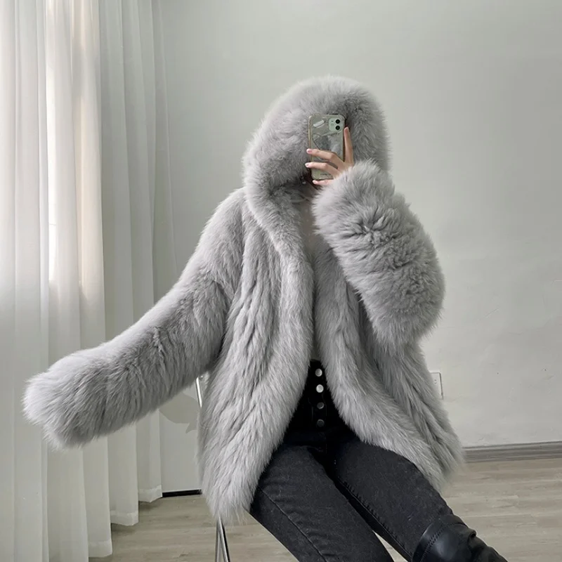 Plus Size White Bear Fox Fur Coat With Hooded Real Fluffy Fur