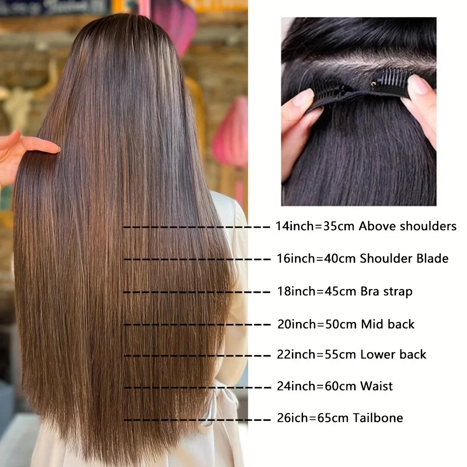 Clip-In-Haarverlängerungen, 8 Stück/Set, glattes Echthaar, hellbraun, nahtlos, Hautschuss, Clip-On-Haarteile_voghion.com
