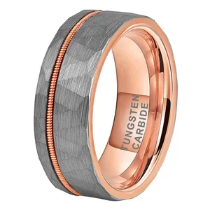 Coolstyle Jewelry 8mm Rose Gold Hammered Tungsten Ring for Men Women Guitar String Inlay Fashion Engagement Wedding Band