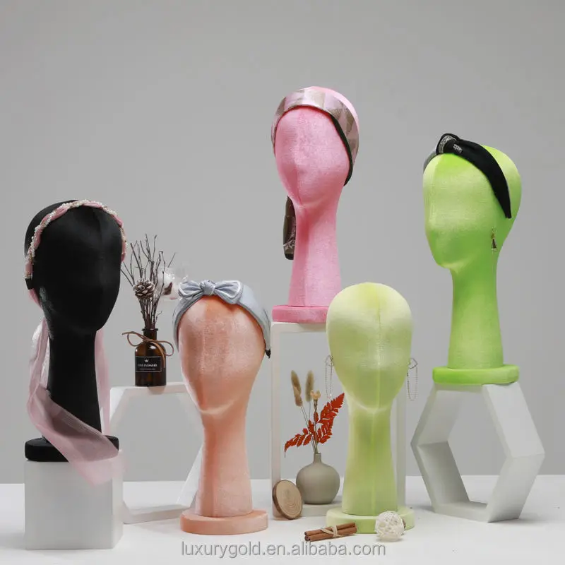 Luxury Hat Stand Headband Female Head Wig Manikin Head Round Base Rose Red Long Neck Velvet Mannequin Head for Wig