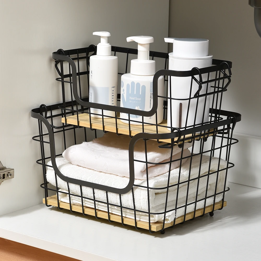 WIREKING 2 Pack Stackable Wire Storage Baskets Pantry Organization and Storage Wire Organizing Basket With Handle