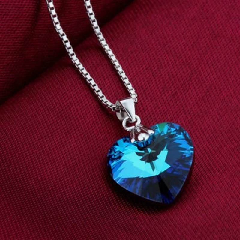 Women Crystal Love Heart Necklace 925 Sterling Silver Heart Of Ocean