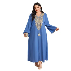 New Wholesale Middle East Applique Muslim Elegant Party Dinner Gown Long Sleeve V-neck Dress