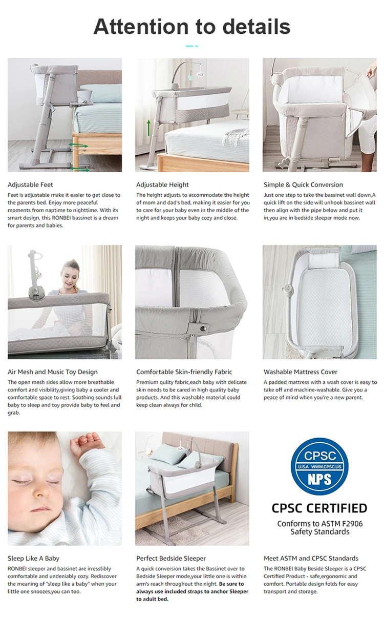 manufacturer best selling baby bed, can be stand on parents' bed baby crib wholesale sleeper for baby in bed